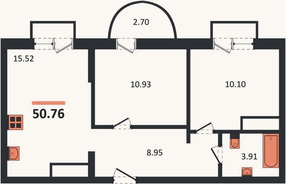 Планировка: 2-к, 50,8 м²