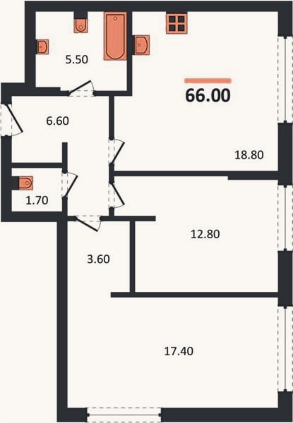 Планировка: 2-к, 64,9 м²