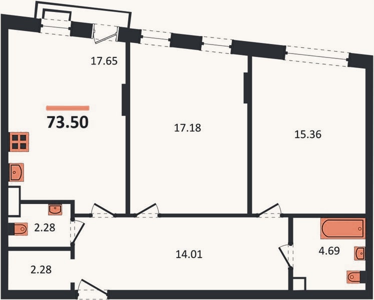 Планировка: 2-к, 73,5 м²
