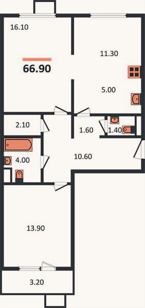 Планировка: 2-к, 66,9 м²