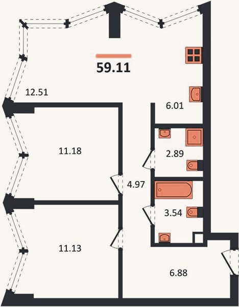 Планировка: 2-к, 59,1 м²