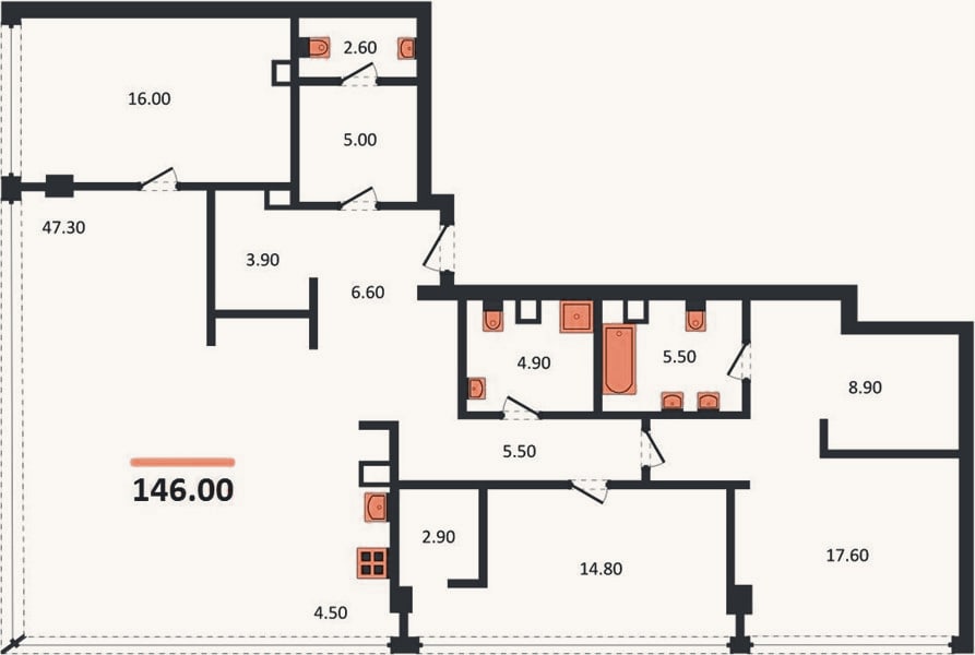 Планировка: 3-к, 146 м²
