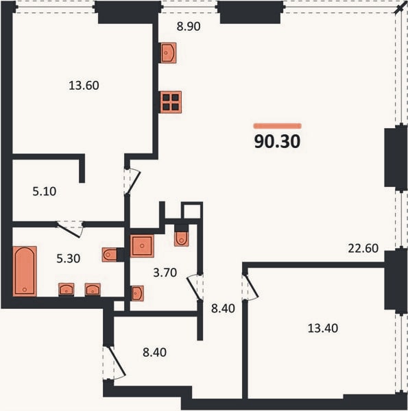 Планировка: 2-к, 90,3 м²