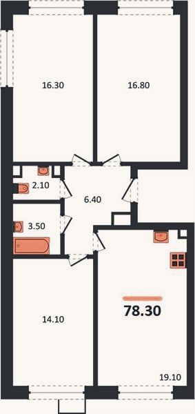 Планировка: 3-к, 78,3 м²