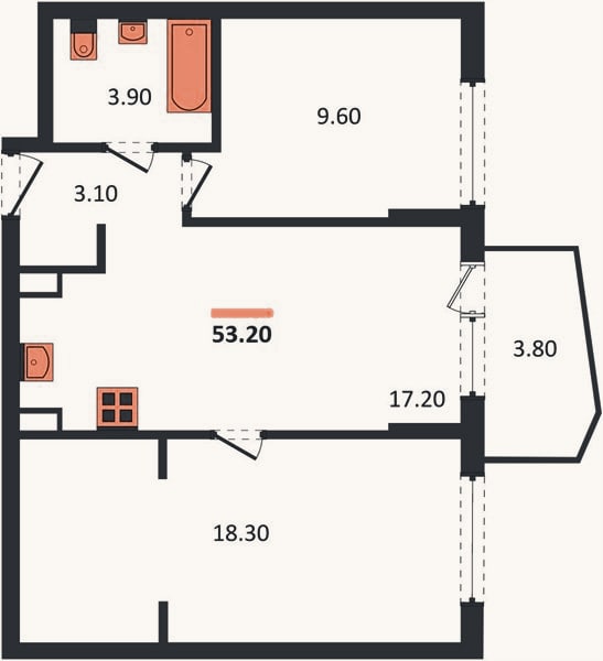 Планировка: 2-к, 53,2 м²
