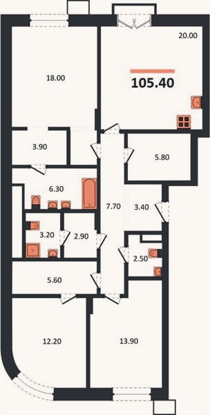 Планировка: 3-к, 105,4 м²