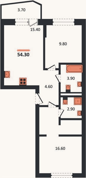 Планировка: 2-к, 54,3 м²