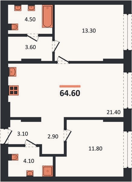 Планировка: 2-к, 64,6 м²