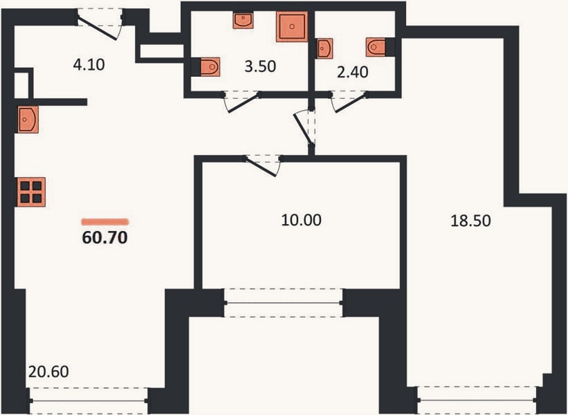 Планировка: 2-к, 60,7 м²