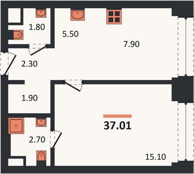 Планировка: 1-к, 37 м²