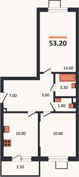 Планировка: 2-к, 53,2 м²