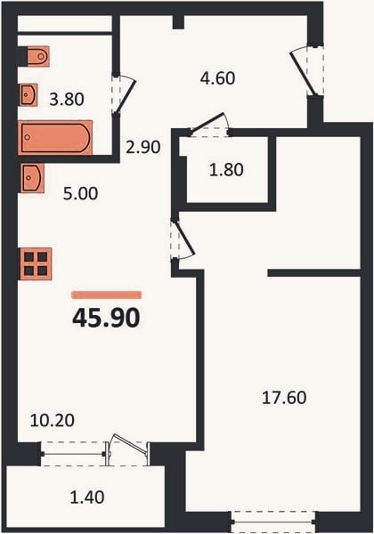 Планировка: 1-к, 45,9 м²