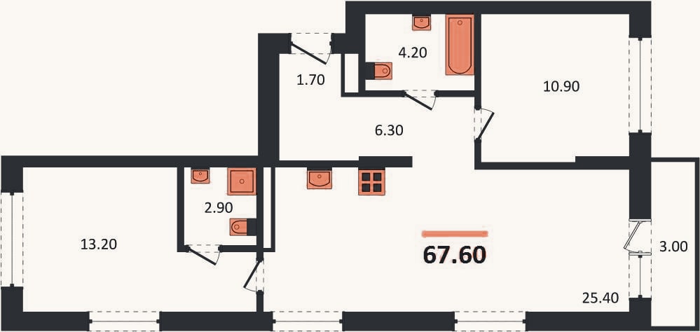 Планировка: 2-к, 67,6 м²