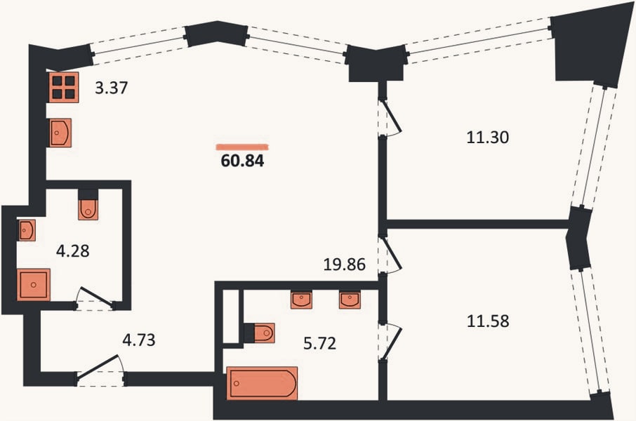 Планировка: 2-к, 60,8 м²