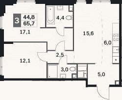 Планировка: 3-к, 65,7 м²