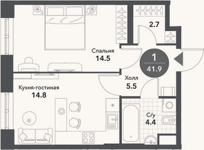 Планировка: 1-к, 41,9 м²