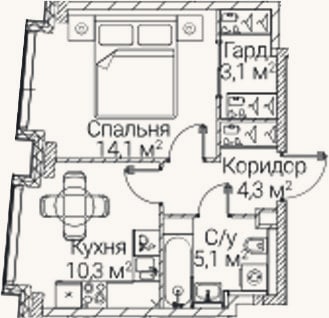 Планировка: 1-к, 36,9 м²
