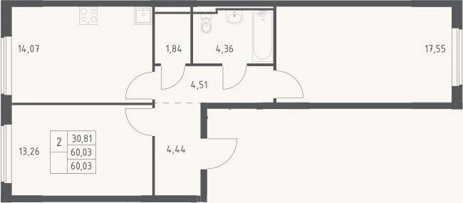 Планировка: 2-к, 60 м²