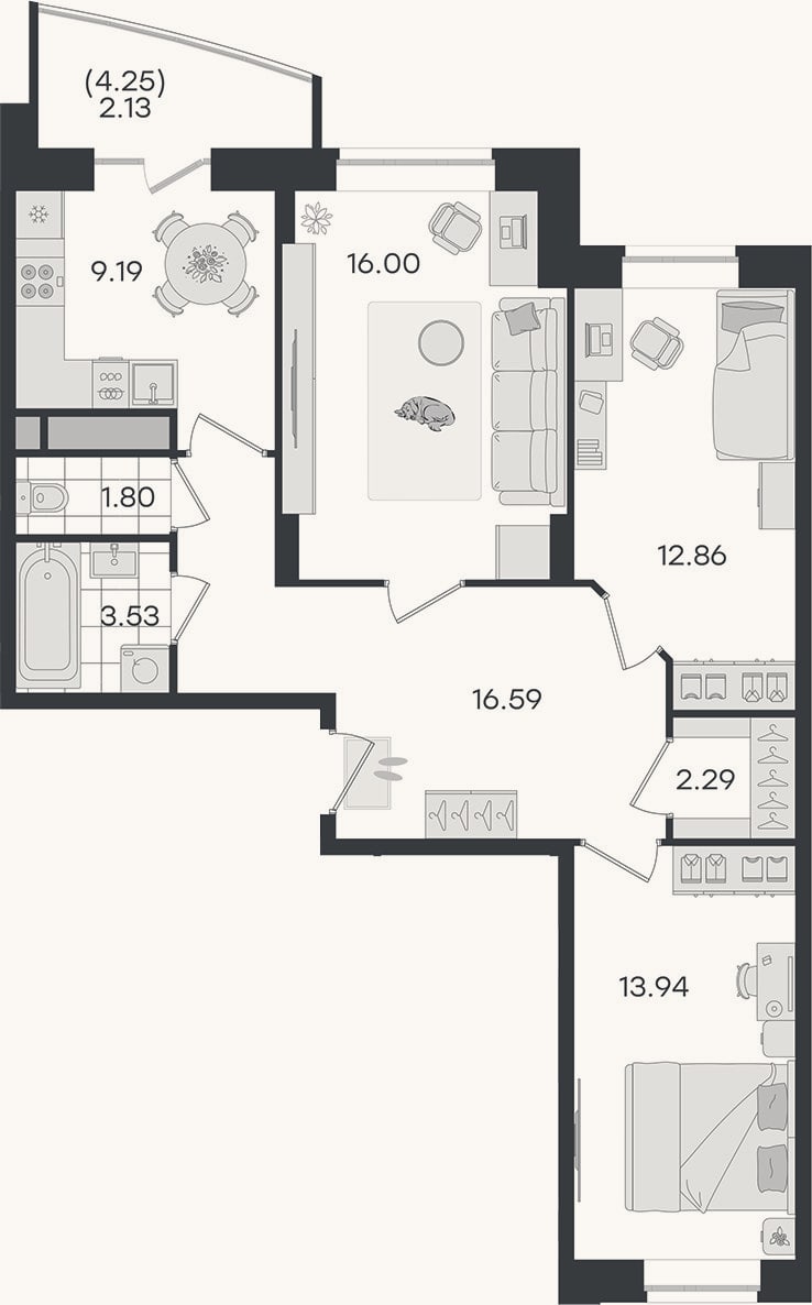 Планировка: 3-к, 76,2 м²