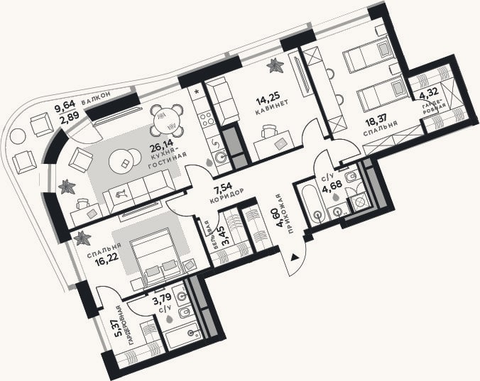 Планировка: 3-к, 108,7 м²