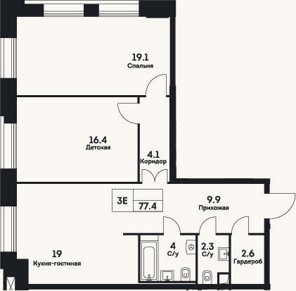 Планировка: 3-к, 77,4 м²