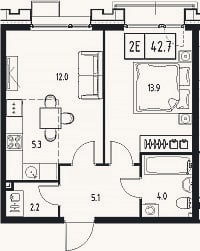 Планировка: 2-к, 42,5 м²