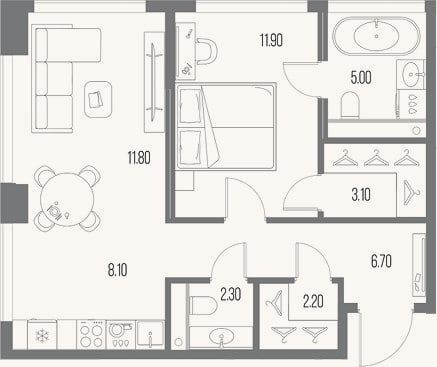 Планировка: 1-к, 51,1 м²