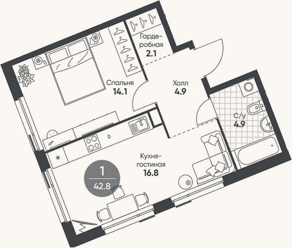 Планировка: 2-к, 42,8 м²