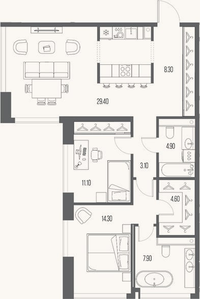 Планировка: 2-к, 83,6 м²