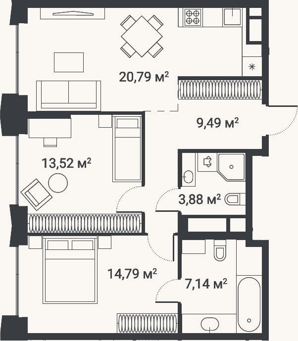 Планировка: 3-к, 69,6 м²