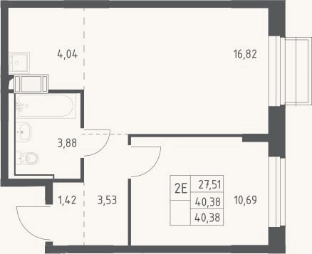 Планировка: 2-к, 40,4 м²