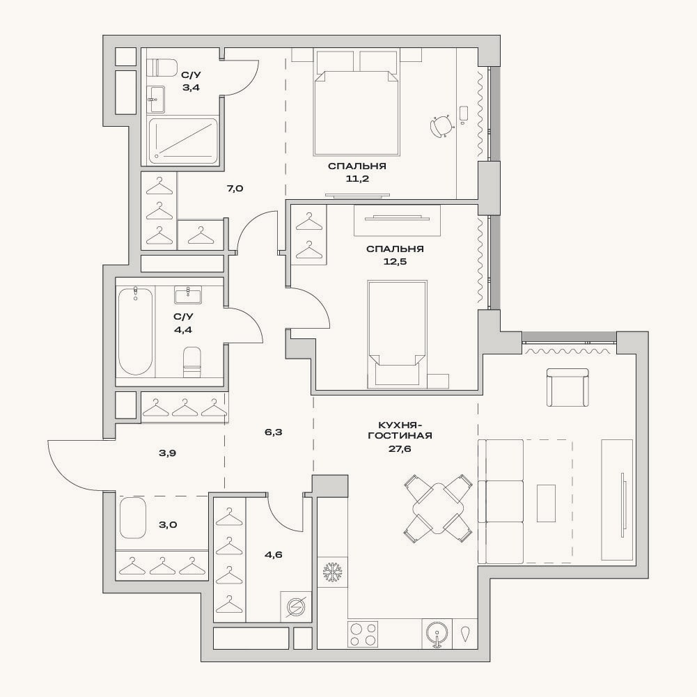 Планировка: 3-к, 83,9 м²