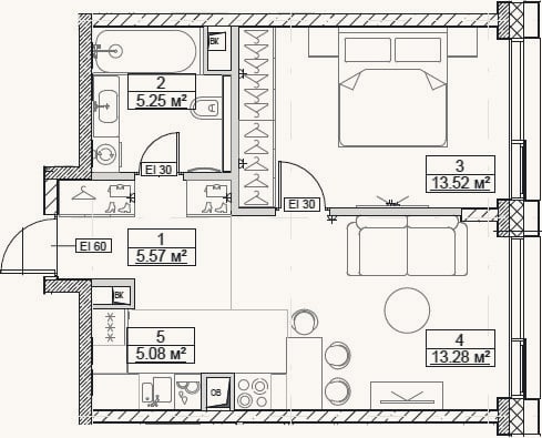 Планировка: 2-к, 42,7 м²