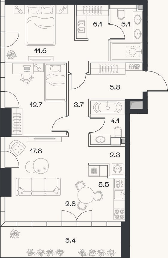 Планировка: 3-к, 77,5 м²