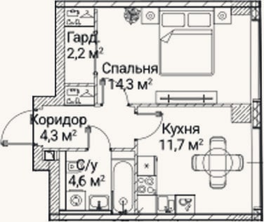 Планировка: 1-к, 37 м²