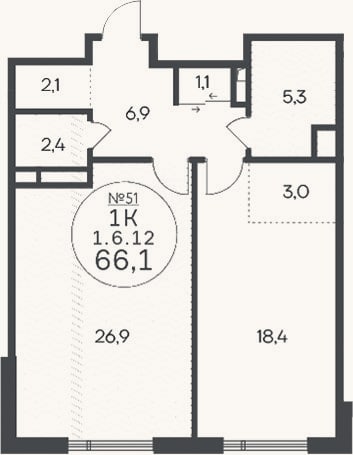 Планировка: 2-к, 66,1 м²
