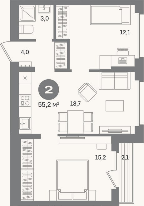 Планировка: 2-к, 53,1 м²