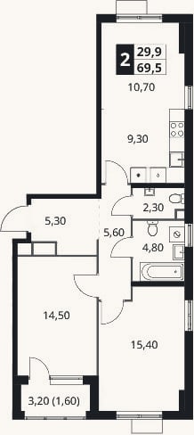 Планировка: 2-к, 67,9 м²