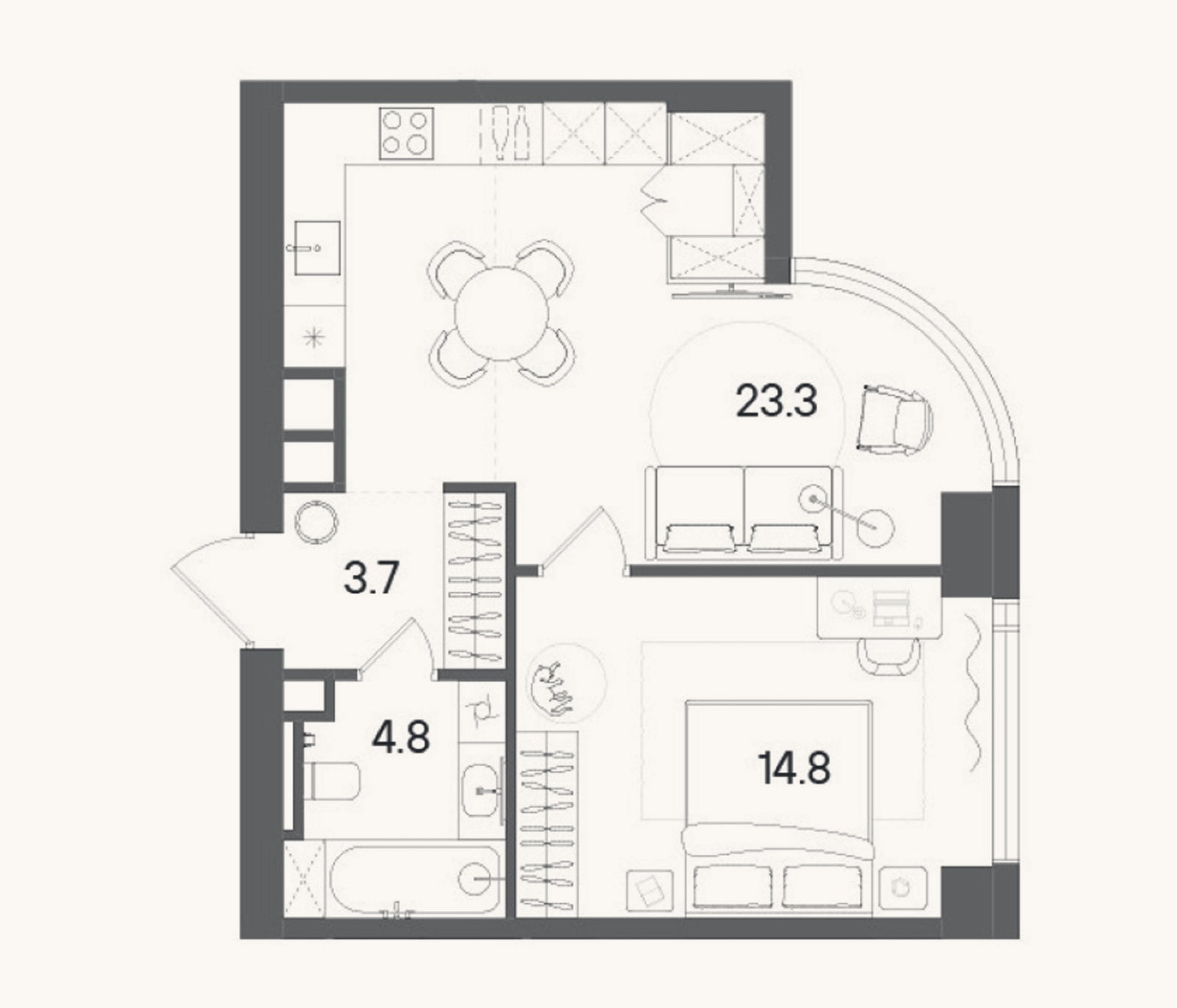 Планировка: 2-к, 46,6 м²