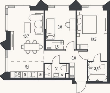 Планировка: 3-к, 61,7 м²
