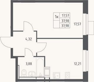 Планировка: 1-к, 38 м²
