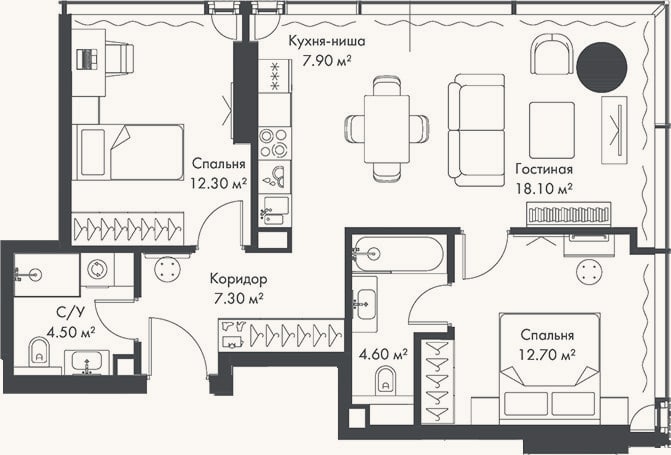 Планировка: 3-к, 67,4 м²