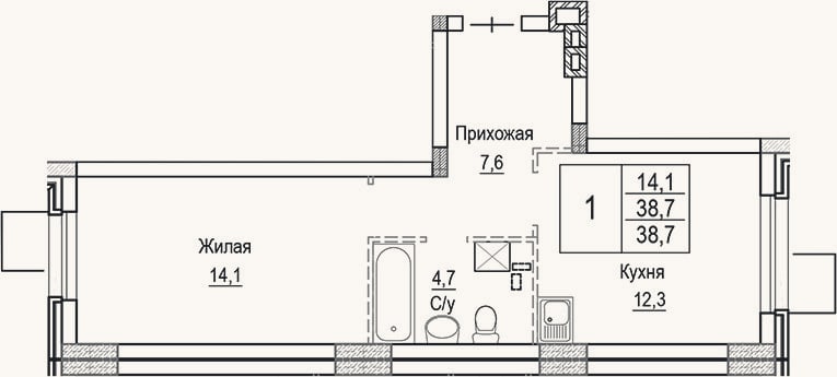 Планировка: 1-к, 38,7 м²
