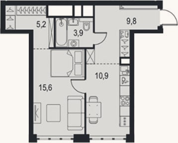 Планировка: 1-к, 45,4 м²