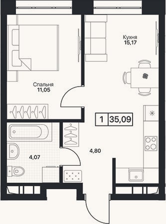 Планировка: 1-к, 35,1 м²