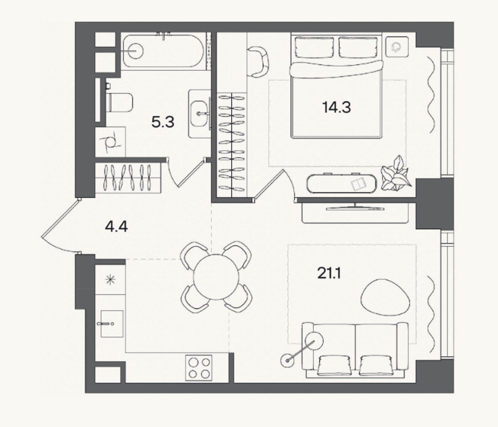 Планировка: 2-к, 45,1 м²