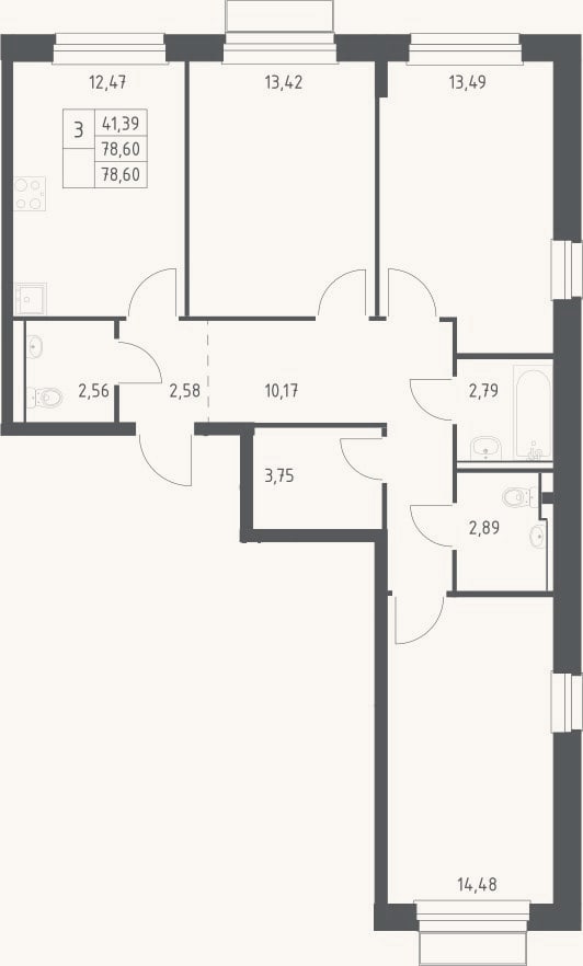 Планировка: 3-к, 78,6 м²