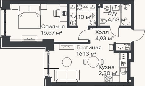 Планировка: 2-к, 48,7 м²