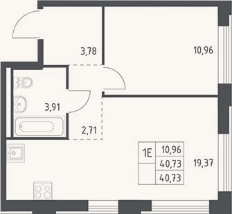Планировка: 2-к, 40,7 м²