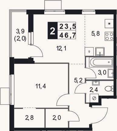 Планировка: 2-к, 44,7 м²